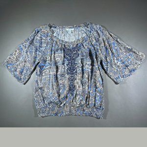 Style & Co‎ Blouse Embroidered Beads Blues/Tans/Creams Size 12